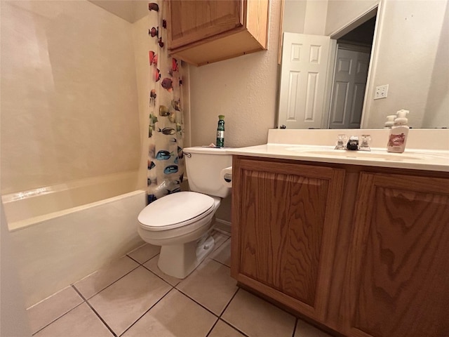 full bathroom featuring shower / bathtub combination with curtain, tile patterned floors, vanity, and toilet