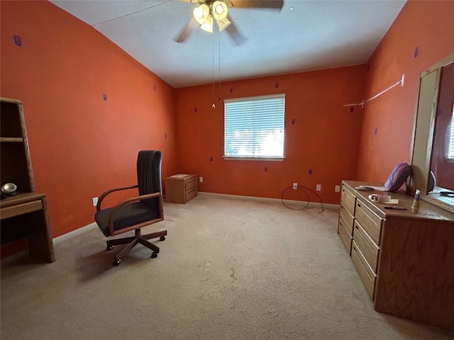 office featuring light colored carpet and ceiling fan