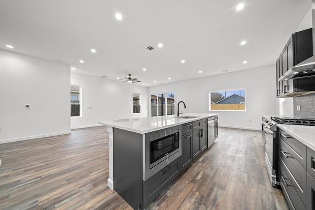 kitchen featuring sink, dark hardwood / wood-style floors, stainless steel appliances, and an island with sink