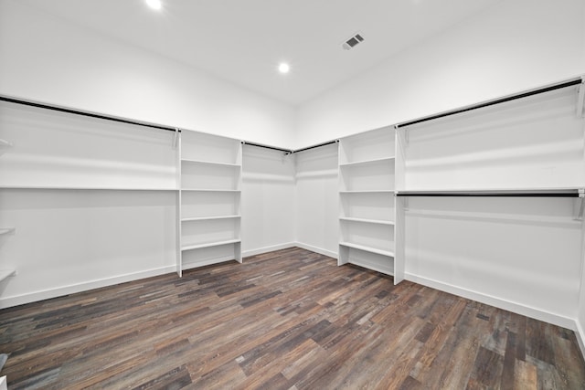 spacious closet with dark hardwood / wood-style flooring