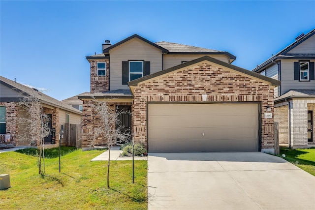 view of property with a garage and a front yard