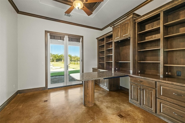 unfurnished office featuring ceiling fan and ornamental molding