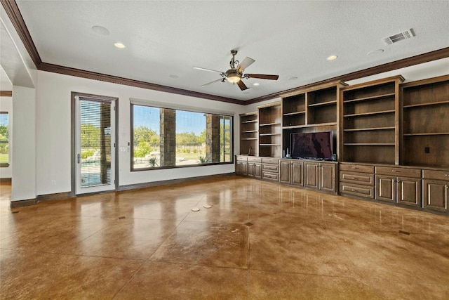 unfurnished living room featuring ceiling fan, ornamental molding, and a textured ceiling