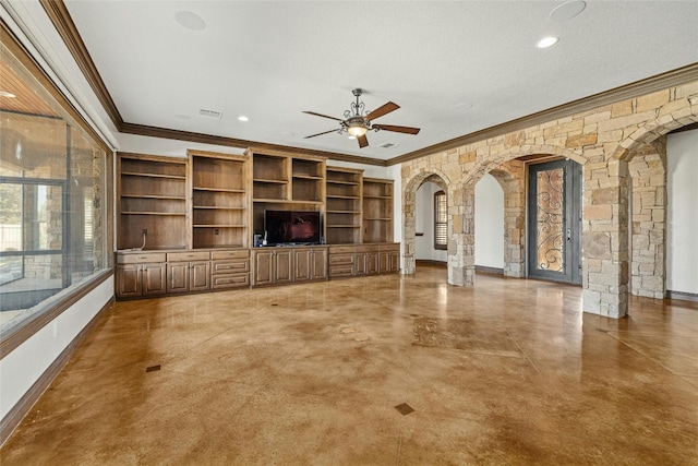 unfurnished living room with crown molding, ceiling fan, and a textured ceiling