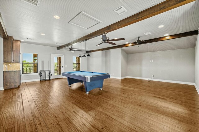 game room featuring beam ceiling, hardwood / wood-style flooring, ceiling fan, and pool table