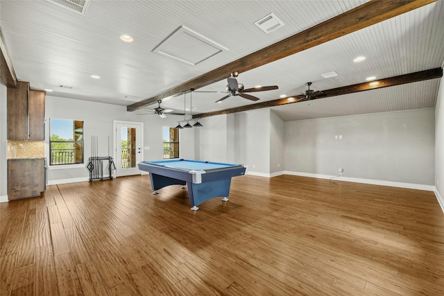 recreation room with beamed ceiling, visible vents, wood finished floors, billiards, and baseboards