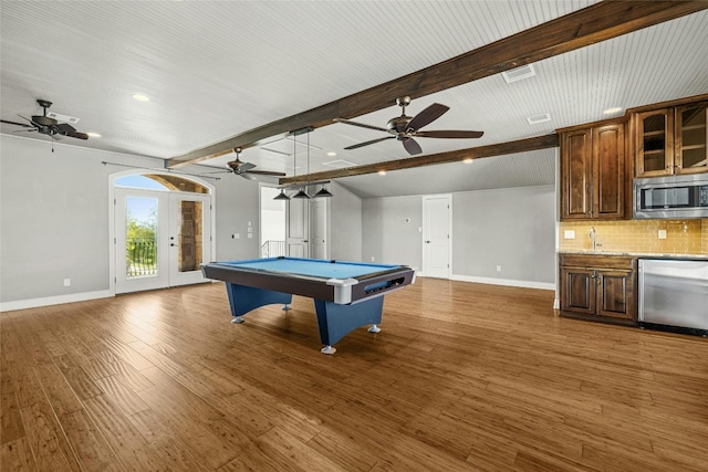 playroom with french doors, dark wood-type flooring, billiards, and baseboards