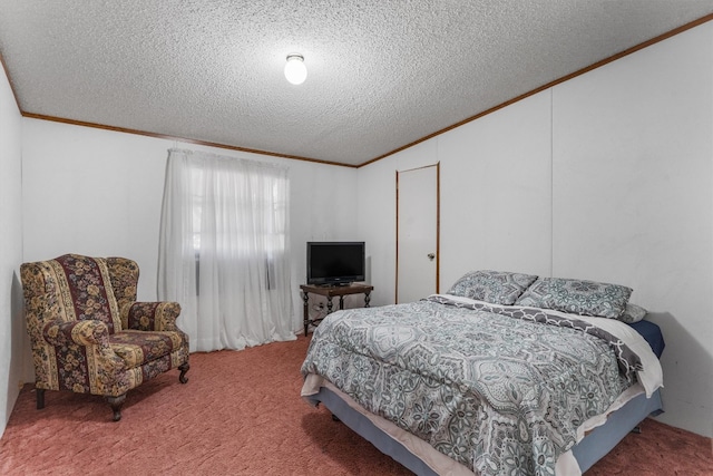 bedroom with a textured ceiling, crown molding, and carpet flooring