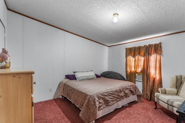 bedroom featuring cooling unit, a textured ceiling, ornamental molding, and carpet