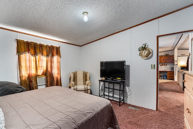 bedroom featuring carpet flooring, crown molding, lofted ceiling, cooling unit, and a textured ceiling