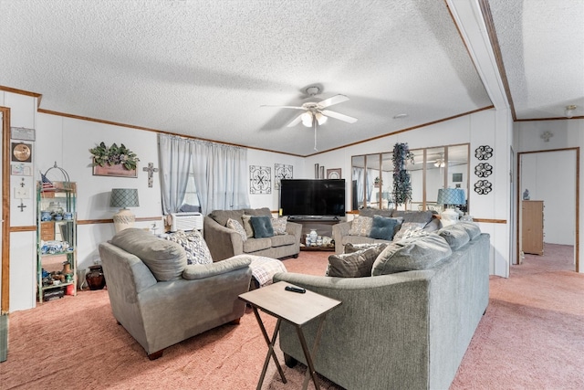 living room with lofted ceiling, light colored carpet, and a textured ceiling