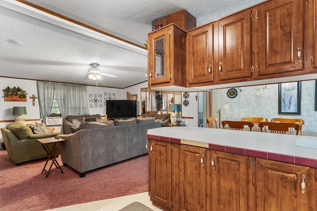 kitchen featuring ceiling fan, ornamental molding, and a textured ceiling