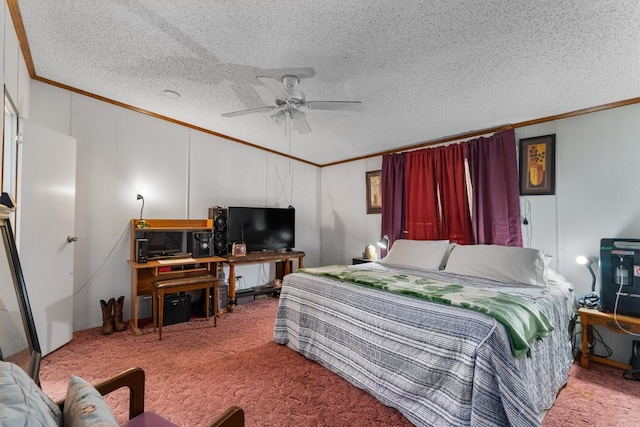 carpeted bedroom with ornamental molding, ceiling fan, and a textured ceiling