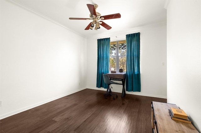 unfurnished room with dark wood-style floors, baseboards, and crown molding