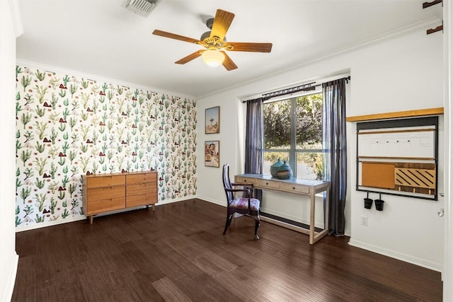 office with ceiling fan, visible vents, baseboards, dark wood finished floors, and crown molding