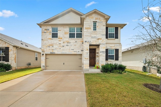 view of front of home with a garage, a front yard, concrete driveway, and stone siding