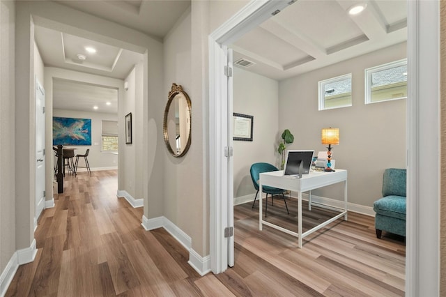 319 Victoria Peak Loop, Dripping Springs, TX 78620 - office featuring visible vents, baseboards, recessed lighting, coffered ceiling, and light wood finished floors