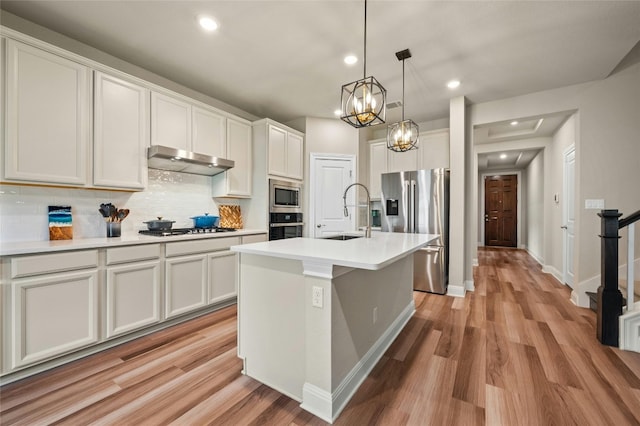 319 Victoria Peak Loop, Dripping Springs, TX 78620 - kitchen featuring a sink, appliances with stainless steel finishes, under cabinet range hood, and light wood finished floors