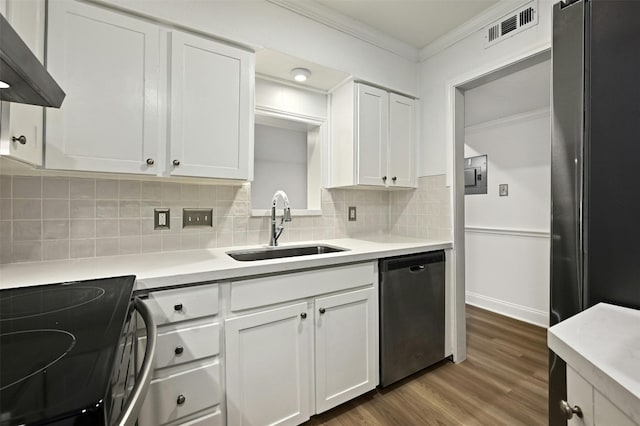 kitchen with refrigerator, white cabinets, dishwasher, and sink