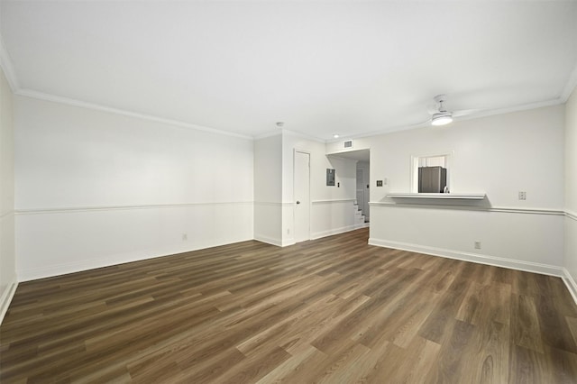 unfurnished living room with ceiling fan, dark hardwood / wood-style floors, and ornamental molding