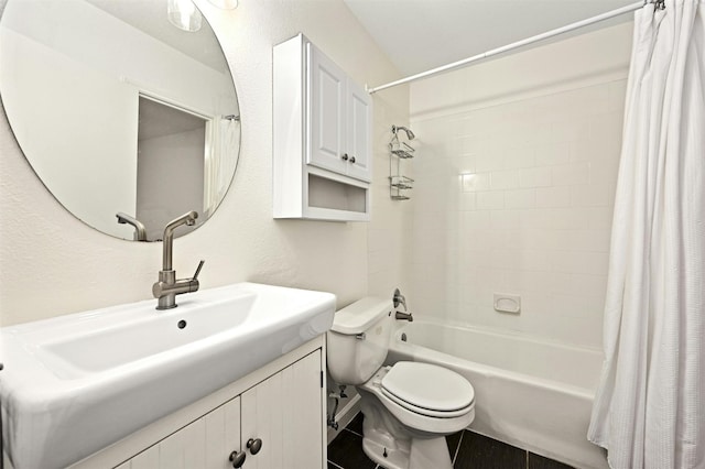 full bathroom featuring shower / bath combination with curtain, vanity, and toilet