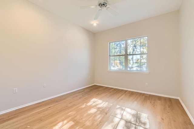 unfurnished room with ceiling fan and light wood-type flooring