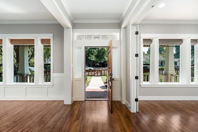 entrance foyer with a healthy amount of sunlight, wood finished floors, and ornamental molding