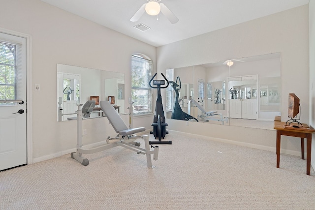 exercise room featuring carpet and ceiling fan