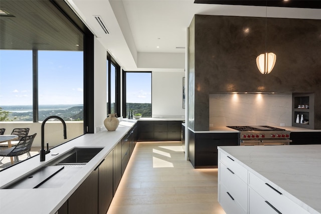 kitchen with light hardwood / wood-style floors, tasteful backsplash, high end stainless steel range, light stone counters, and white cabinets