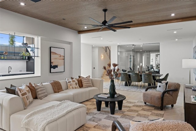6809 Oasis Pass, Austin, TX 78732 - living room with a ceiling fan, wood finished floors, and recessed lighting