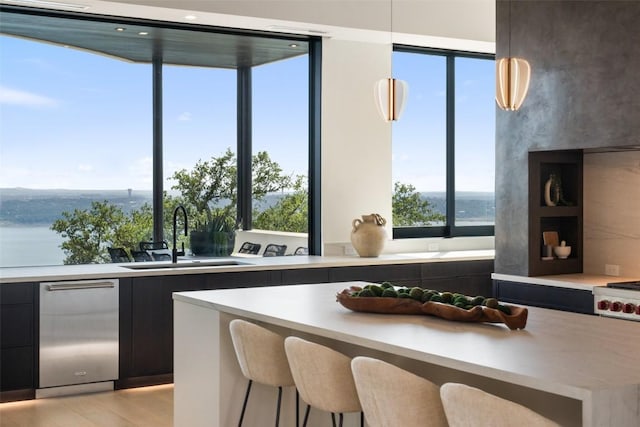 6809 Oasis Pass, Austin, TX 78732 - kitchen featuring a sink, modern cabinets, light countertops, and dark cabinets