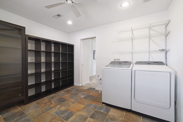 clothes washing area with separate washer and dryer and ceiling fan