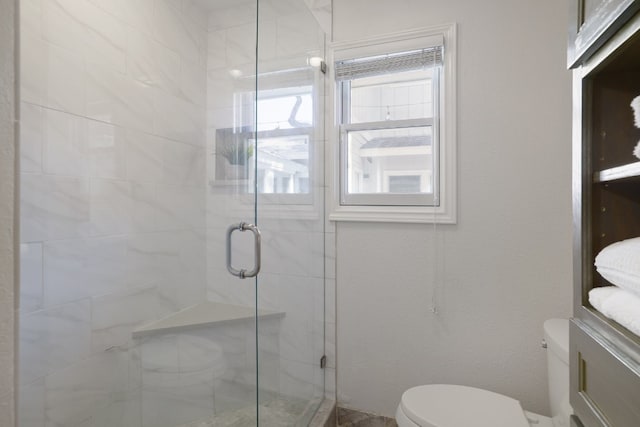 bathroom featuring vanity, a shower with door, and toilet