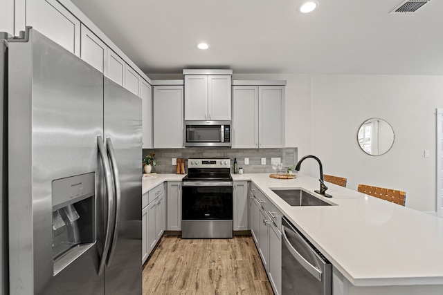 kitchen featuring sink, kitchen peninsula, appliances with stainless steel finishes, backsplash, and light wood-type flooring