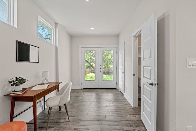 110 E Holland St, San Marcos, TX 78666 - entryway featuring french doors, recessed lighting, wood finished floors, an office area, and baseboards