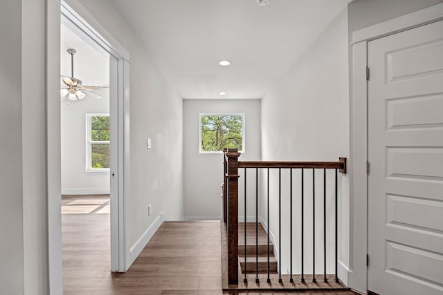 110 E Holland St, San Marcos, TX 78666 - hall with healthy amount of natural light, wood finished floors, recessed lighting, an upstairs landing, and baseboards