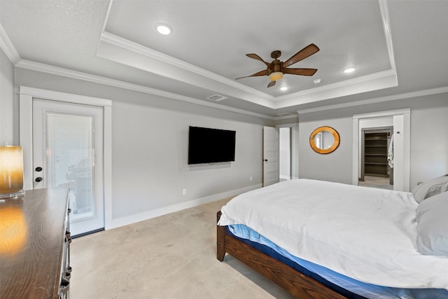 bedroom with light carpet, crown molding, ceiling fan, and a raised ceiling