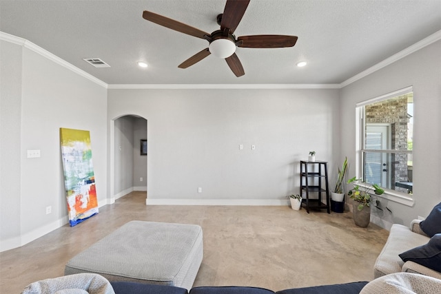 living room with ceiling fan, a textured ceiling, crown molding, and light carpet