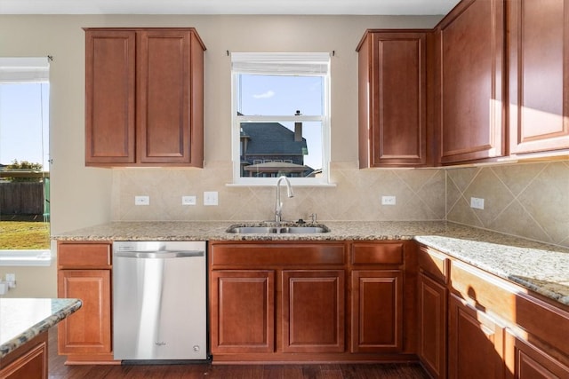 kitchen with dishwasher, backsplash, plenty of natural light, and a sink