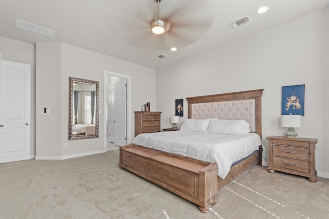 carpeted bedroom with ceiling fan