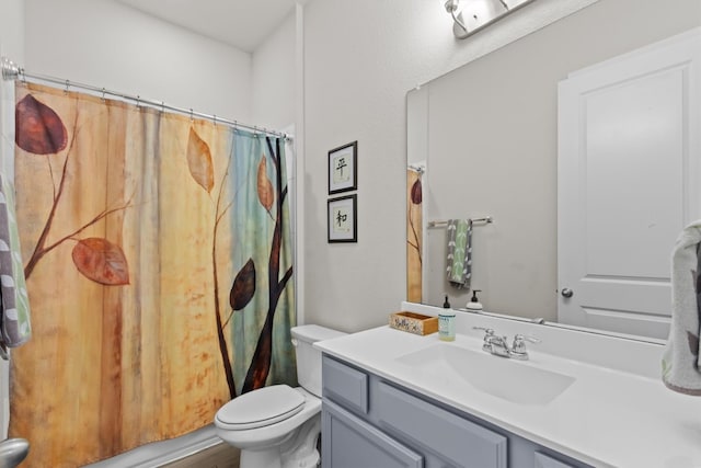 bathroom with vanity, toilet, wood-type flooring, and curtained shower