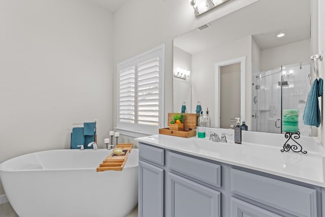 bathroom featuring vanity and separate shower and tub