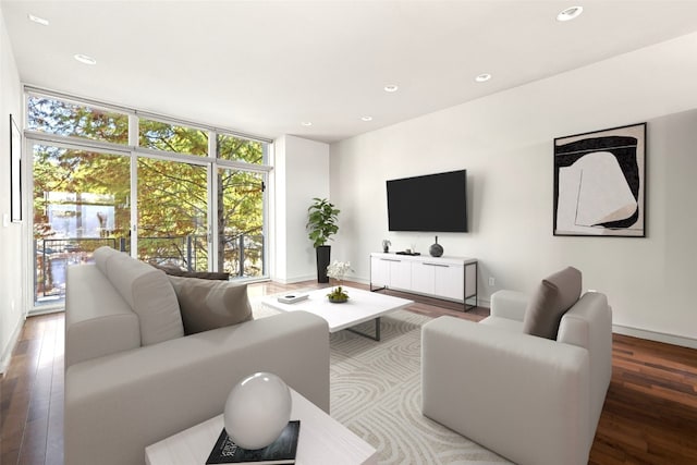 living room with hardwood / wood-style floors and a wall of windows