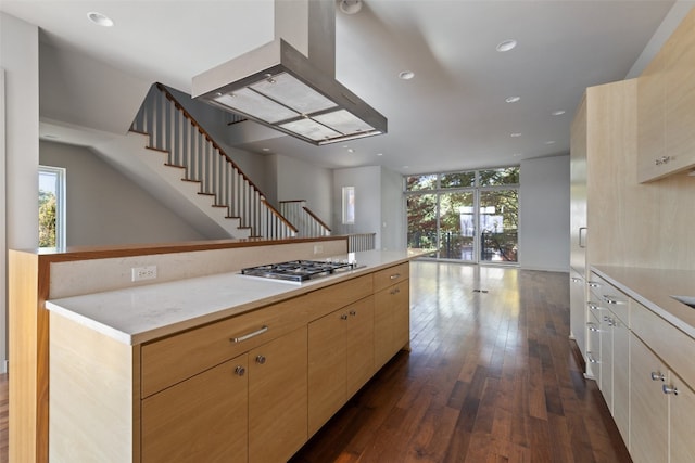 kitchen with dark hardwood / wood-style flooring, stainless steel gas stovetop, a center island, island range hood, and light brown cabinets