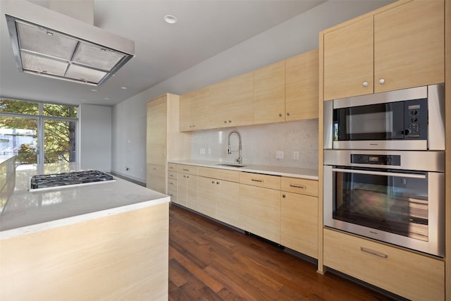 kitchen featuring stainless steel appliances, dark hardwood / wood-style floors, sink, and light brown cabinets