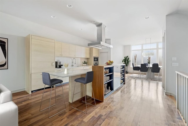 kitchen featuring light wood-type flooring, light countertops, island exhaust hood, and open shelves