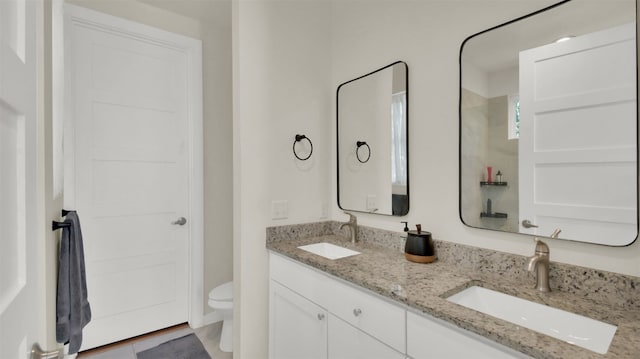 full bath featuring a sink, double vanity, and toilet