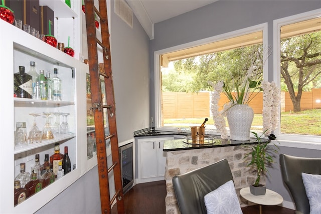 bar featuring plenty of natural light, beverage cooler, and dark hardwood / wood-style flooring