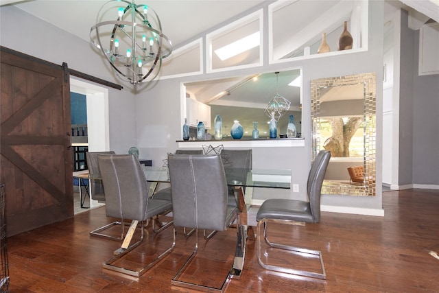 dining room featuring an inviting chandelier, high vaulted ceiling, a barn door, and wood-type flooring