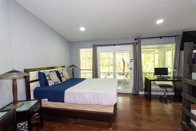 bedroom featuring dark wood-type flooring, access to exterior, and vaulted ceiling